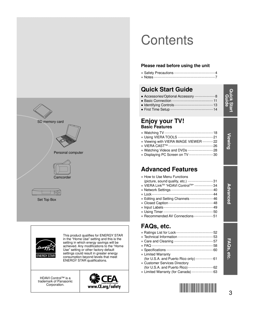 Panasonic TC-P54G20, TC-P50G20 quick start Contents 