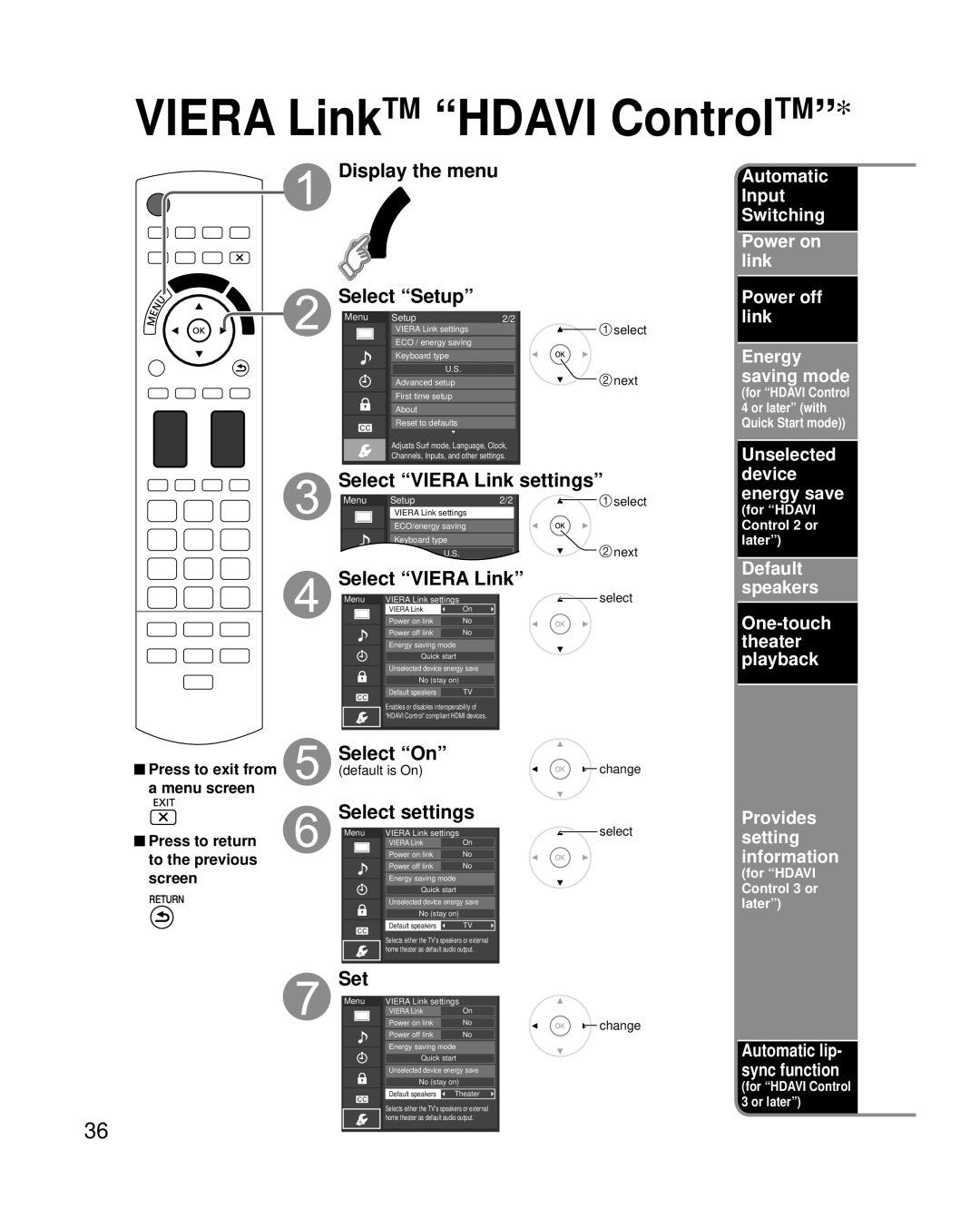 Panasonic TC-P50G20 Select settings, Set, Default Speakers One-touch theater playback, Provides setting information 