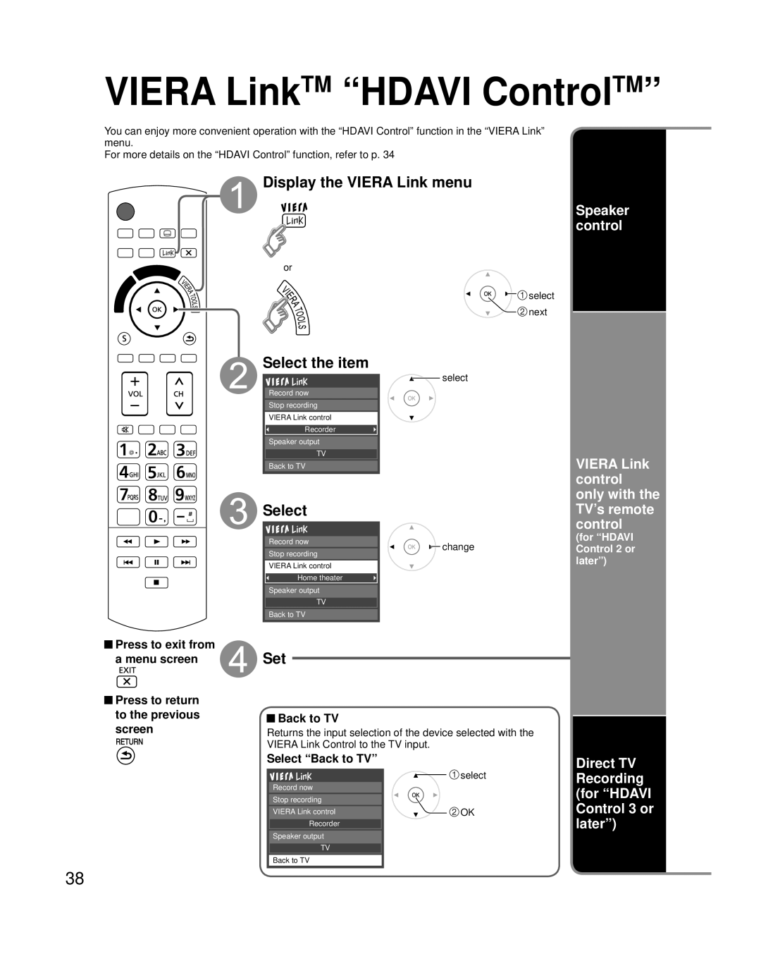 Panasonic TC-P50G20 Display the Viera Link menu, Select, Speaker control, Direct TV Recording for Hdavi Control 3 or later 