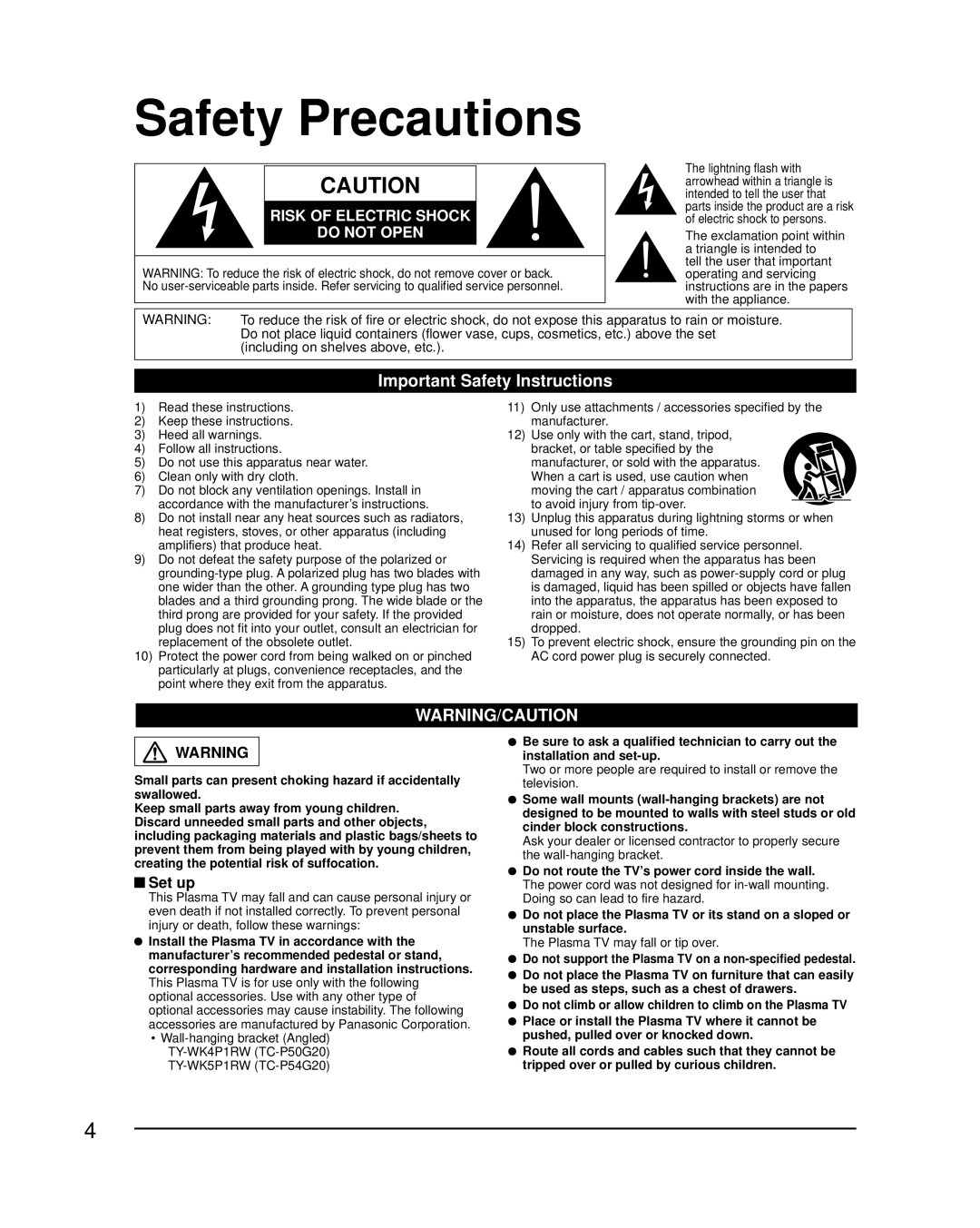 Panasonic TC-P50G20, TC-P54G20 Safety Precautions, Important Safety Instructions, Set up, Including on shelves above, etc 