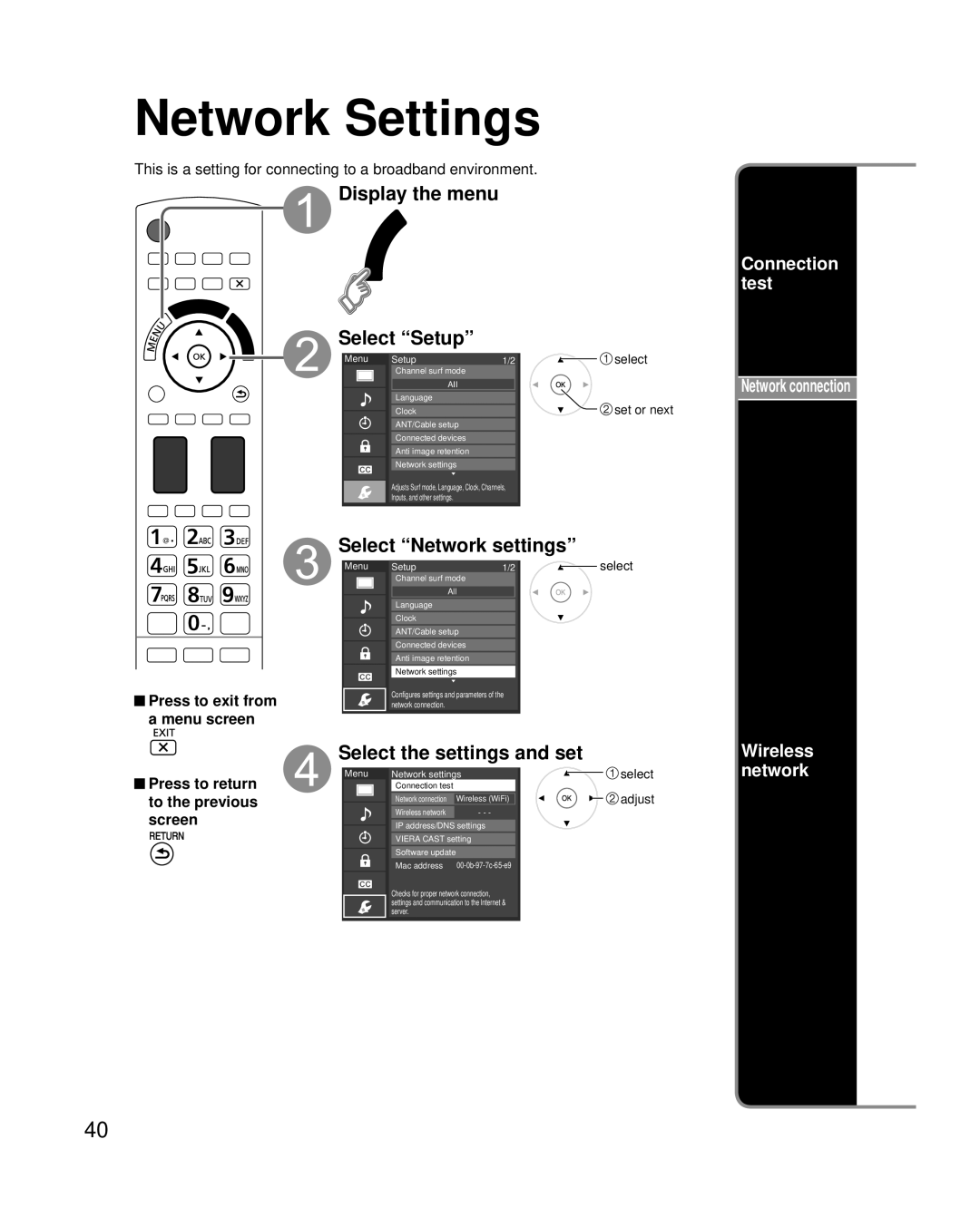 Panasonic TC-P50G20, TC-P54G20 Network Settings, Select Network settings, Select the settings and set, Connection test 