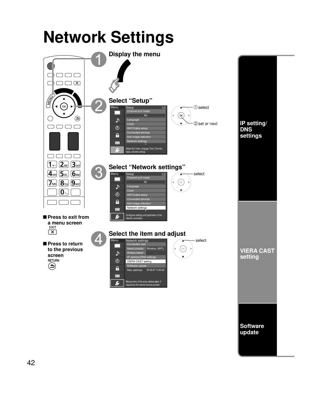 Panasonic TC-P50G20, TC-P54G20 Select the item and adjust, IP setting DNS settings, Viera Cast setting Software update 