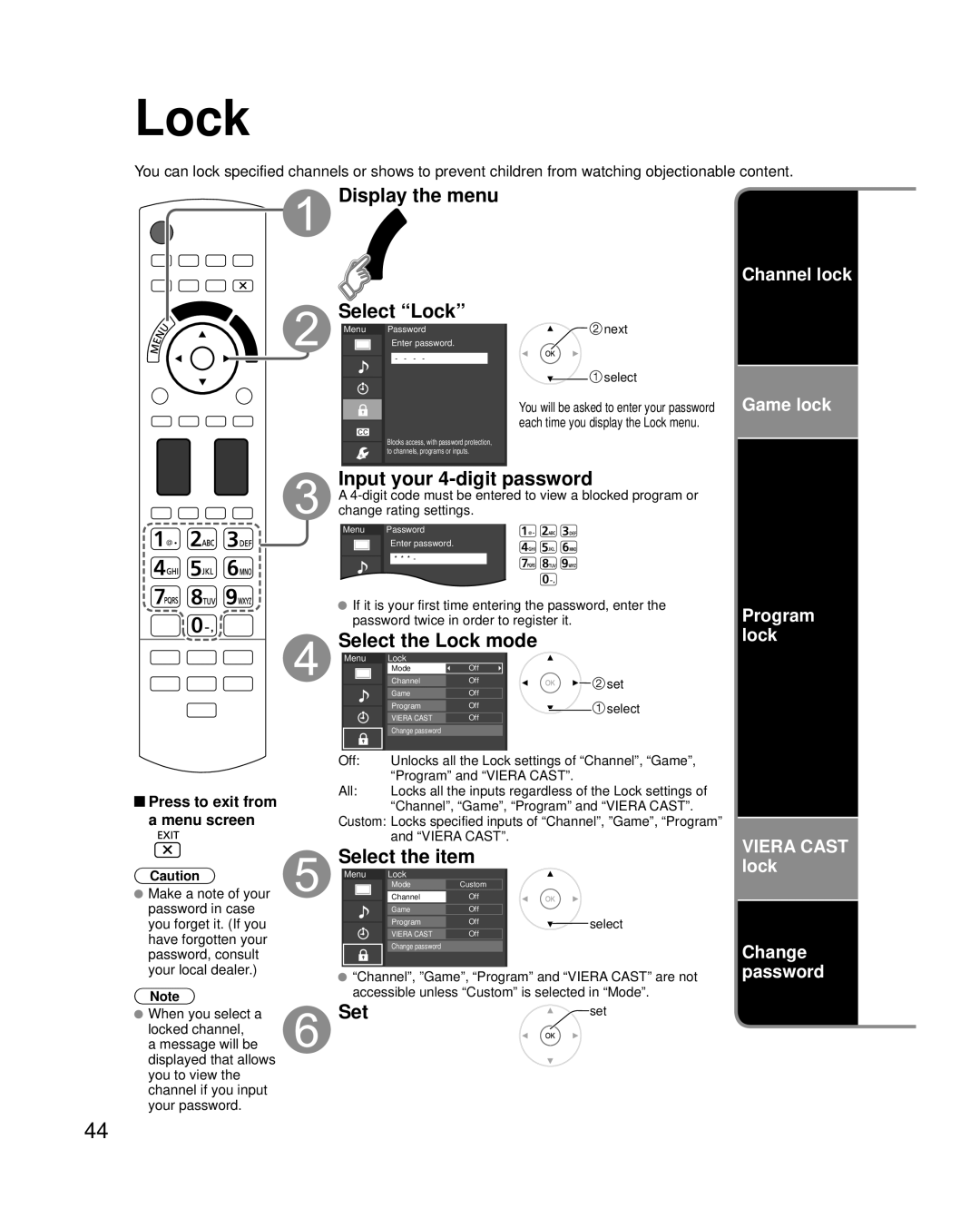 Panasonic TC-P50G20, TC-P54G20 Display the menu Select Lock, Input your 4-digit password, Select the Lock mode 