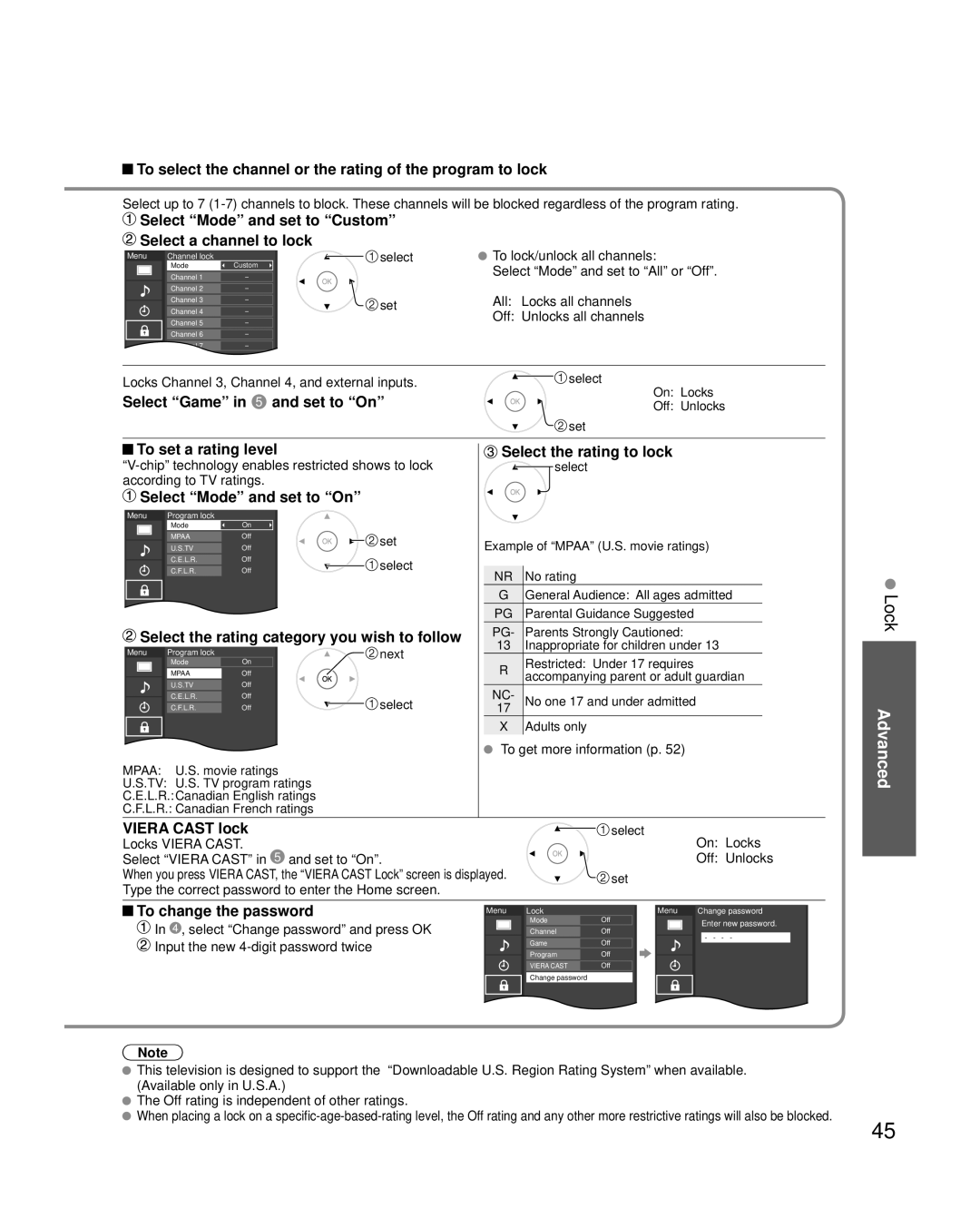 Panasonic TC-P54G20, TC-P50G20 To select the channel or the rating of the program to lock, Select Game in 5 and set to On 