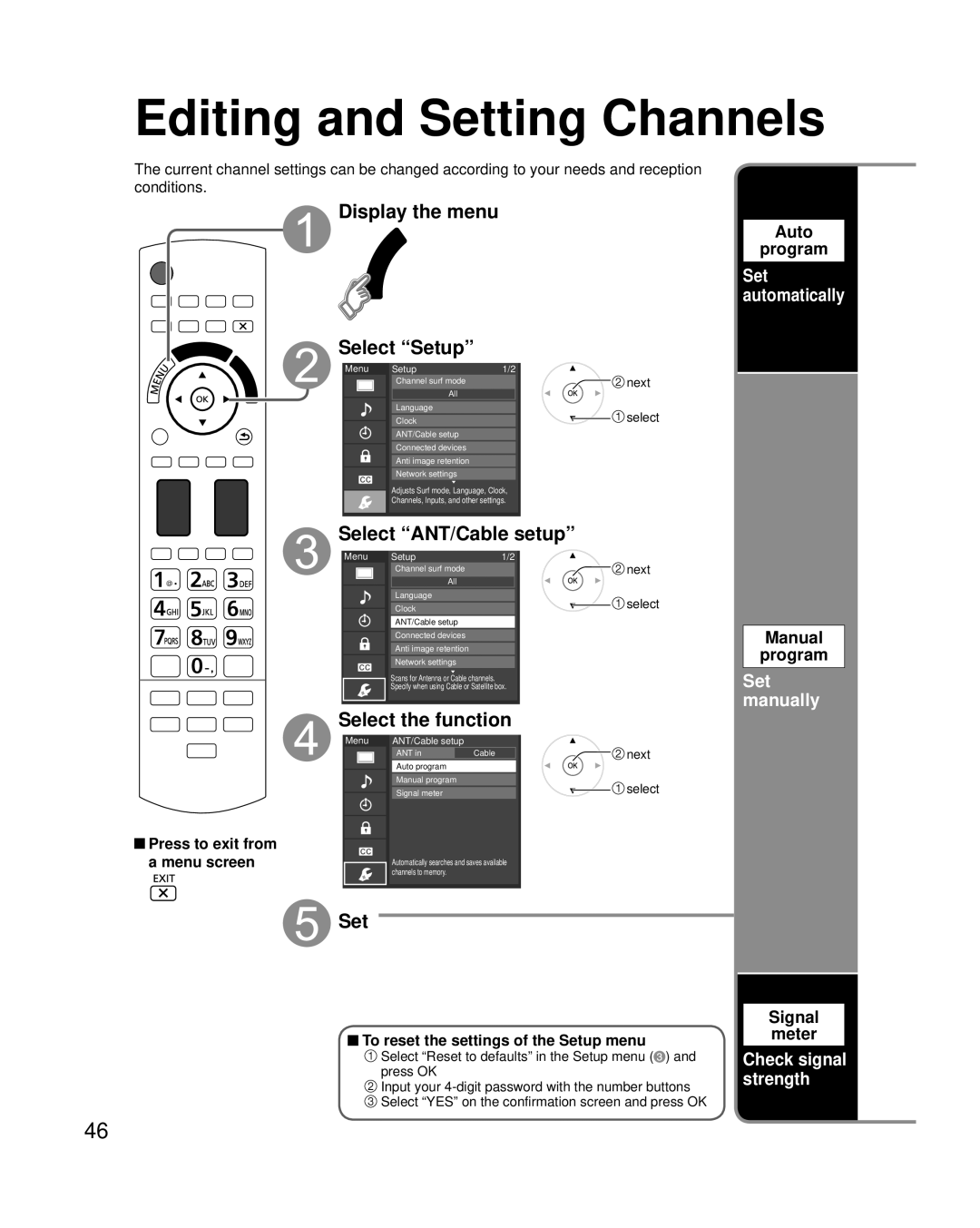 Panasonic TC-P50G20, TC-P54G20 Editing and Setting Channels, Select ANT/Cable setup, Select the function, Set manually 