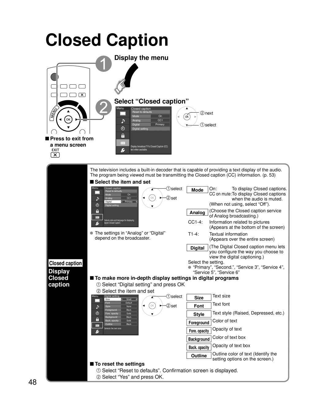 Panasonic TC-P50G20, TC-P54G20 quick start Closed Caption, Display the menu Select Closed caption 