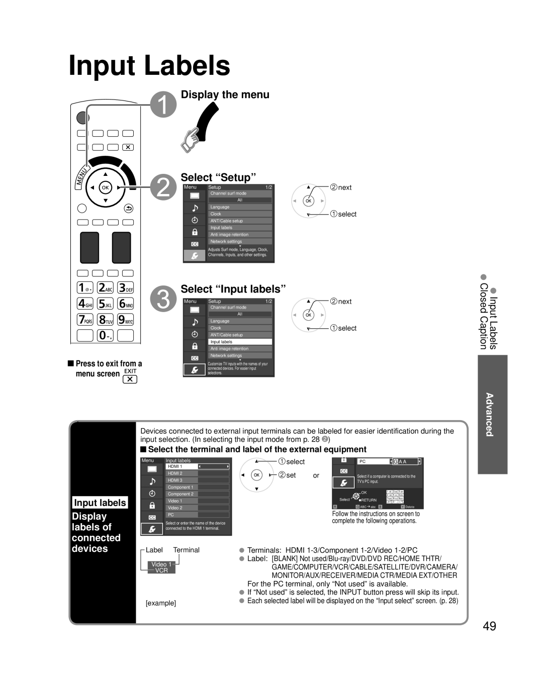 Panasonic TC-P54G20, TC-P50G20 quick start Input Labels, Select Input labels, Display labels of connected devices 