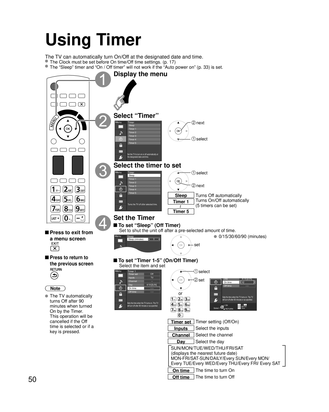 Panasonic TC-P50G20, TC-P54G20 Display the menu Select Timer, Set the Timer, Turns Off automatically, Timers can be set 