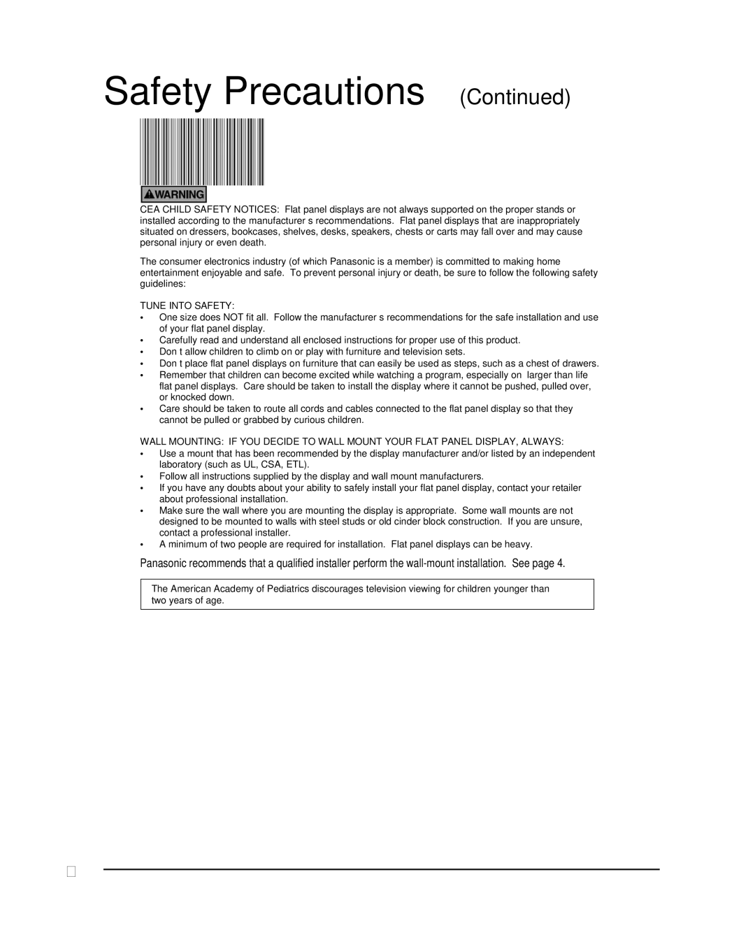 Panasonic TC-P50G20, TC-P54G20 quick start Tune Into Safety 