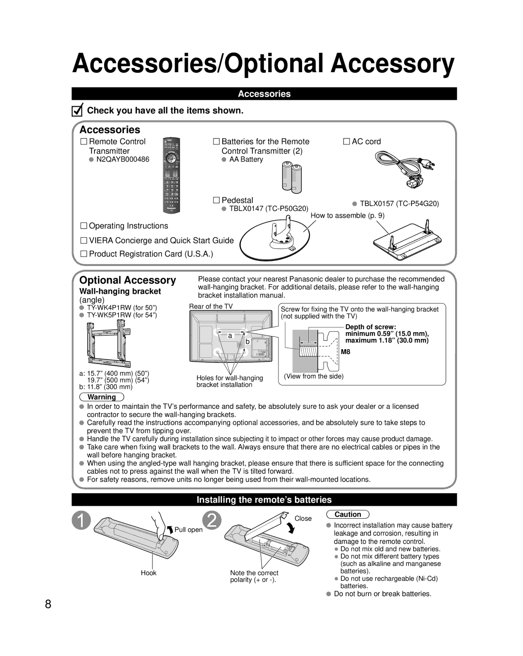 Panasonic TC-P50G20, TC-P54G20 quick start Optional Accessory, Wall-hanging bracket 