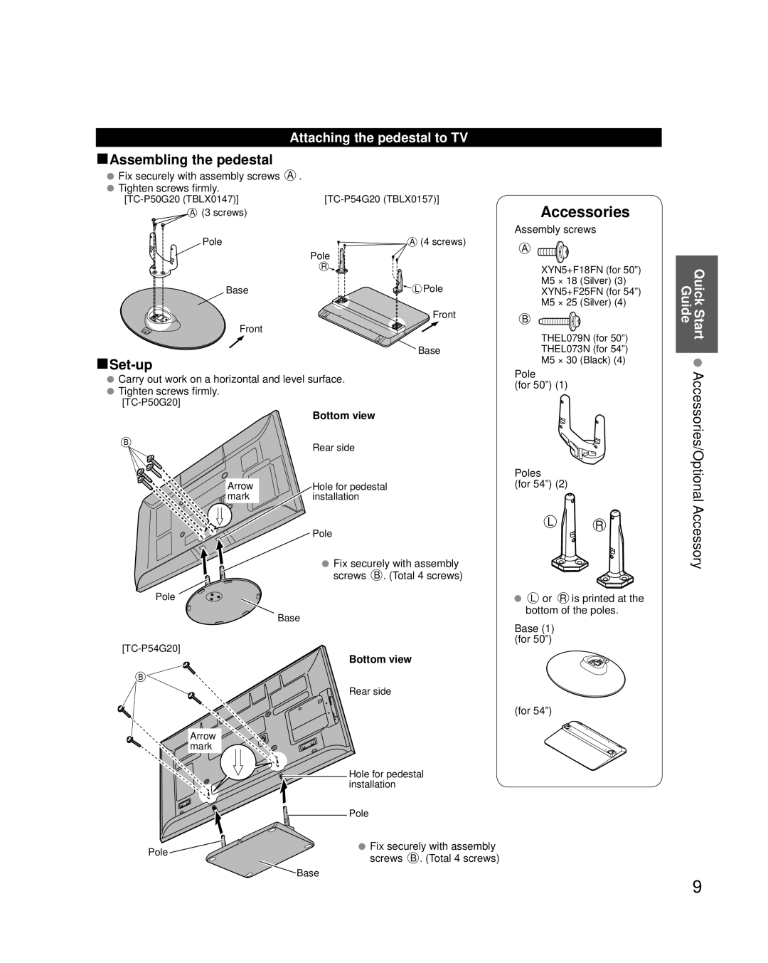 Panasonic TC-P54G20, TC-P50G20 quick start Accessories, Attaching the pedestal to TV, Quick Start Guide, Bottom view 