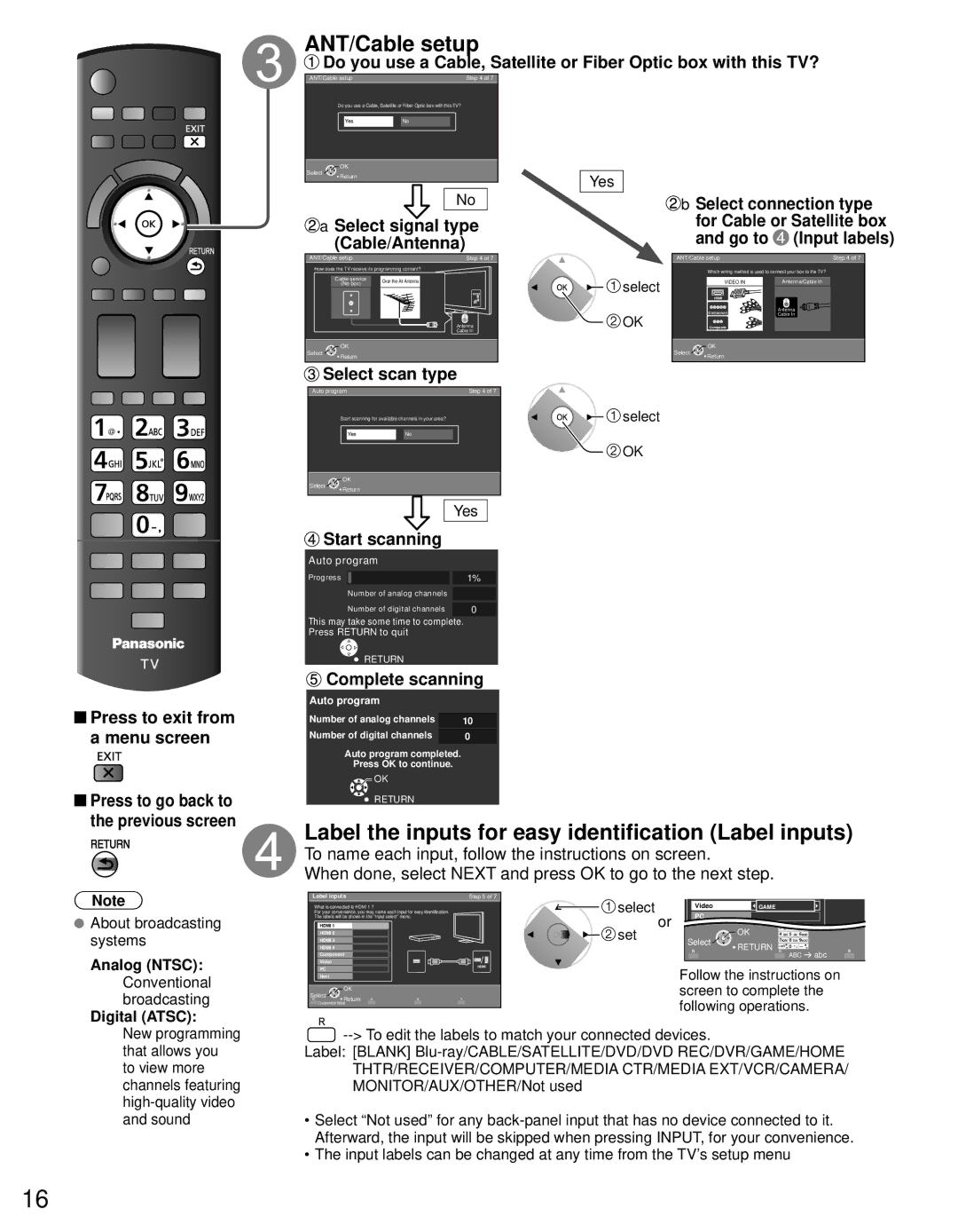 Panasonic TC-P50GT30, TC-P55GT30 ANT/Cable setup, Label the inputs for easy identification Label inputs, Select scan type 