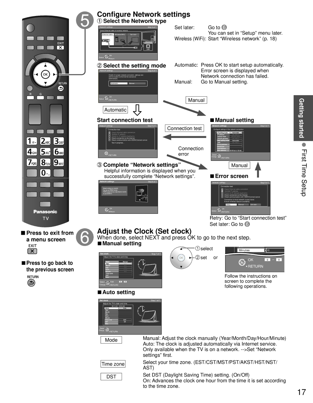 Panasonic TC-P55GT30, TC-P50GT30 Configure Network settings, Adjust the Clock Set clock, Started First Time, Setup 