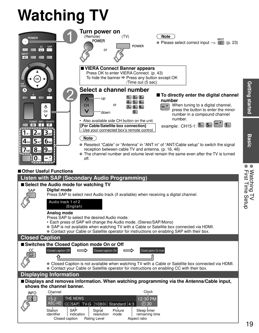 Panasonic TC-P55GT30, TC-P50GT30 owner manual Watching TV, Turn power on, Select a channel number 