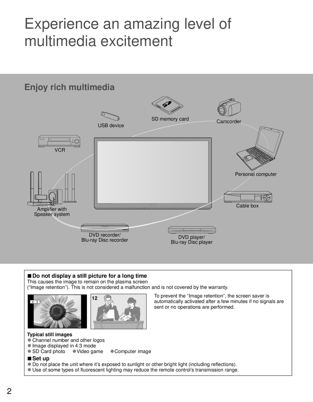 Panasonic TC-P50GT30 Do not display a still picture for a long time, Set up, USB device SD memory card Camcorder 