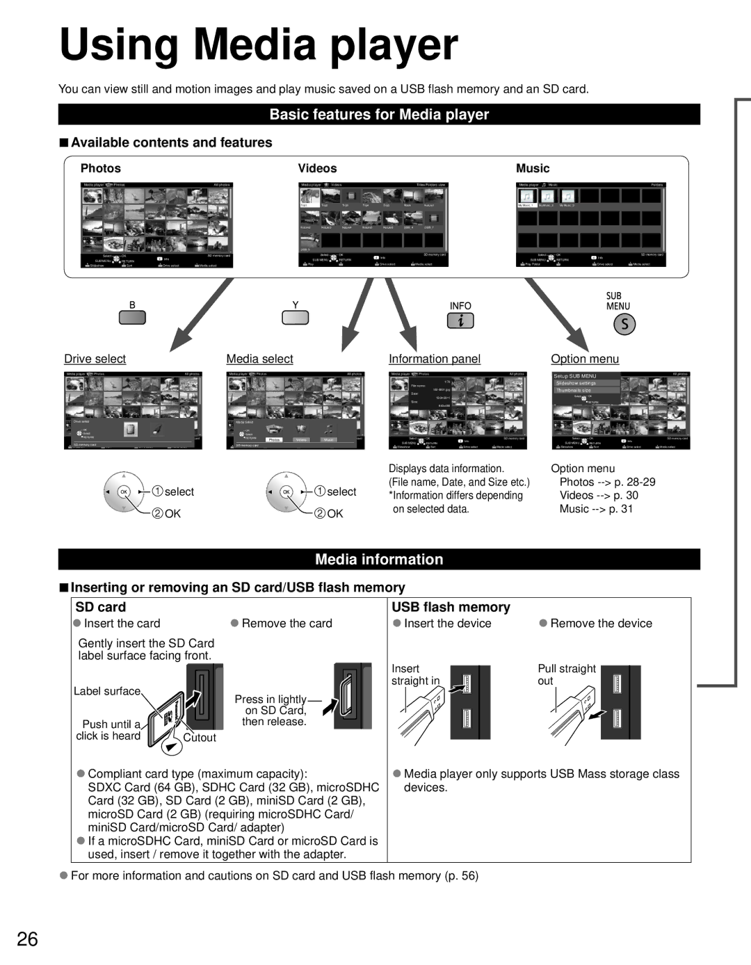 Panasonic TC-P50GT30, TC-P55GT30 owner manual Using Media player, Basic features for Media player, Media information 