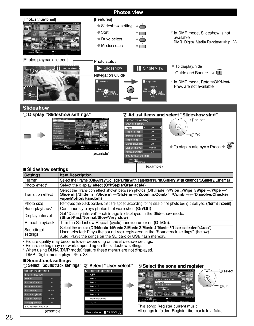 Panasonic TC-P50GT30, TC-P55GT30 owner manual Photos view, Slideshow settings, Soundtrack settings 