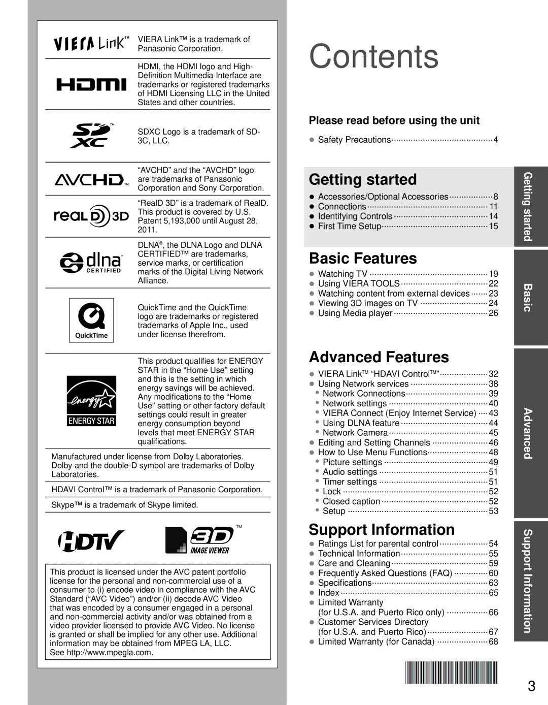 Panasonic TC-P55GT30, TC-P50GT30 owner manual Contents 