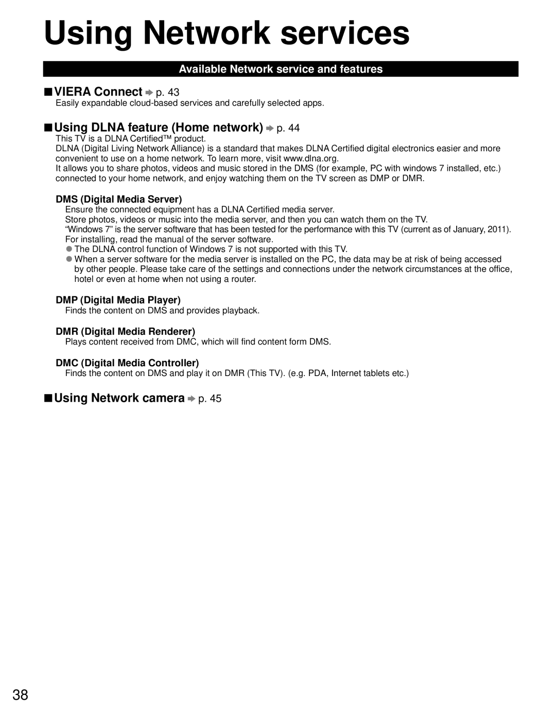 Panasonic TC-P50GT30 Using Network services, Viera Connect p, Using Dlna feature Home network p, Using Network camera p 