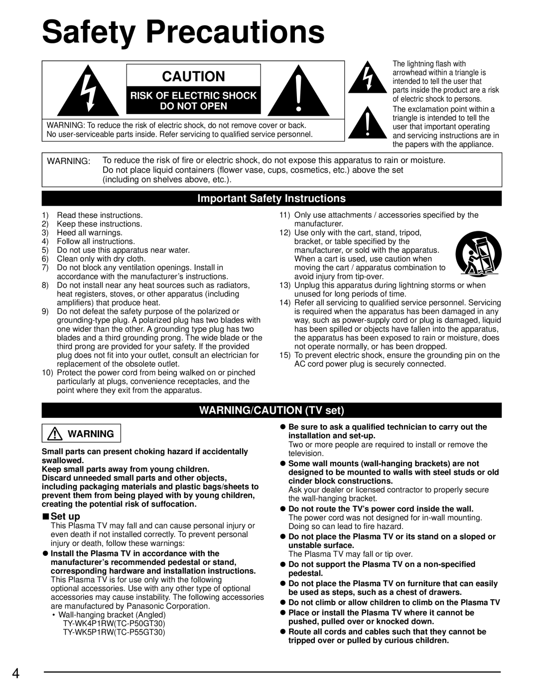 Panasonic TC-P50GT30, TC-P55GT30 owner manual Safety Precautions, Important Safety Instructions, Wall-hanging bracket Angled 