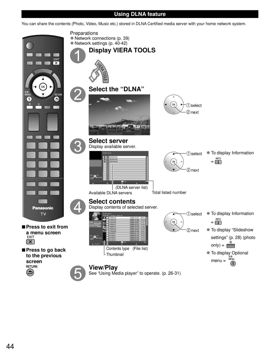 Panasonic TC-P50GT30, TC-P55GT30 owner manual Display Viera Tools Select the Dlna, Select server, Select contents, View/Play 