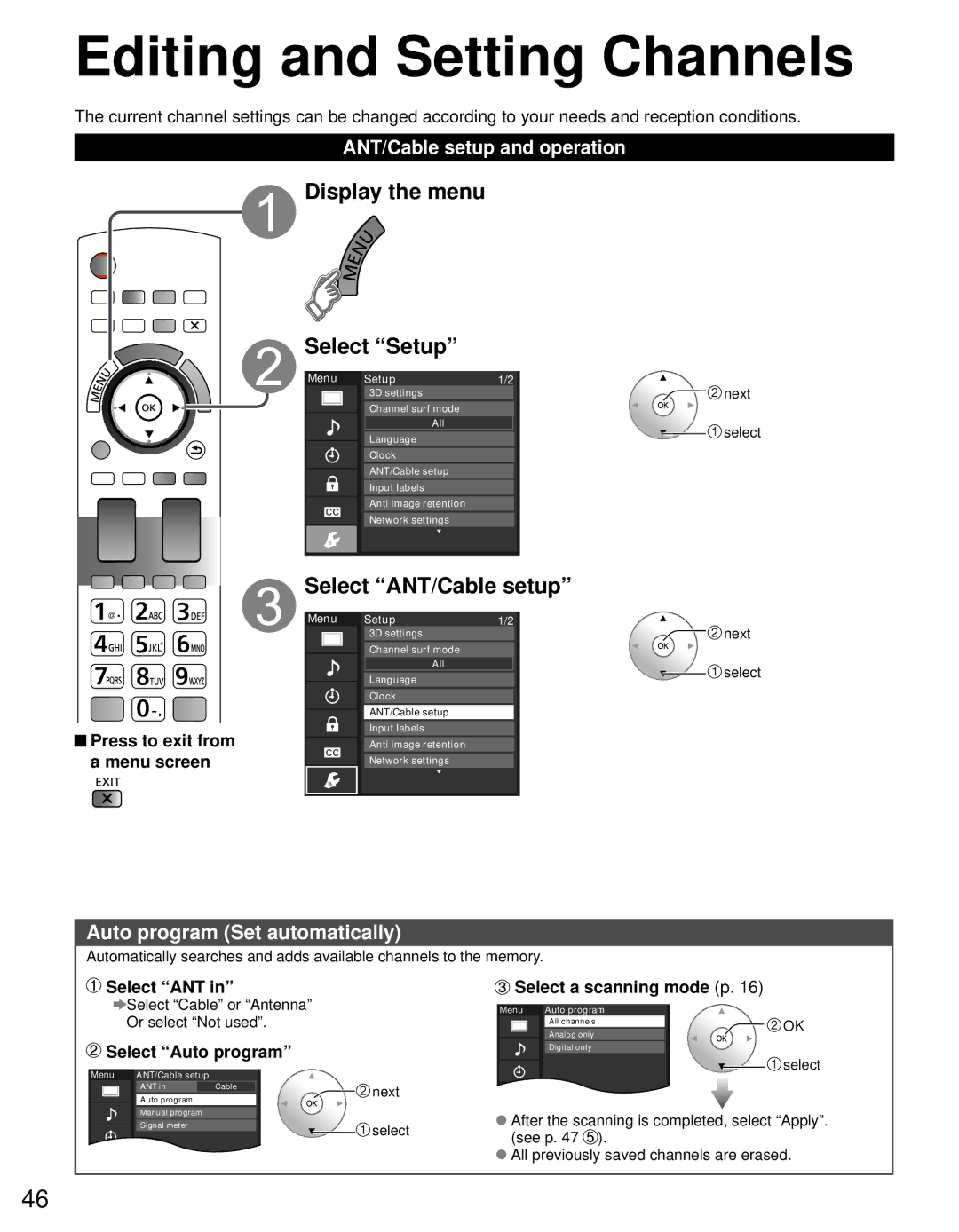 Panasonic TC-P50GT30, TC-P55GT30 Editing and Setting Channels, Display the menu Select Setup, Select ANT/Cable setup 