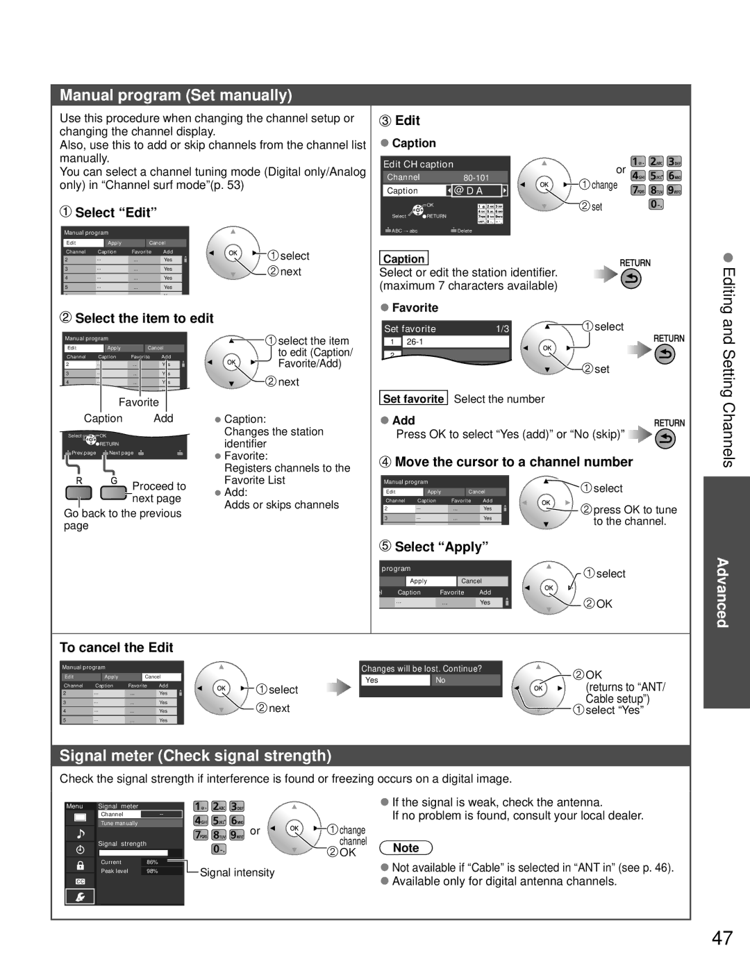 Panasonic TC-P55GT30, TC-P50GT30 Manual program Set manually, Setting Channels, Signal meter Check signal strength 