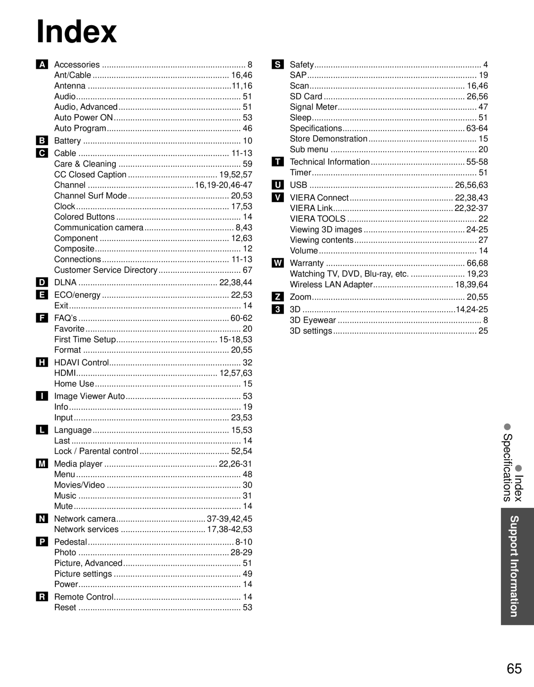 Panasonic TC-P55GT30, TC-P50GT30 owner manual SpecificationsIndex Support Information 