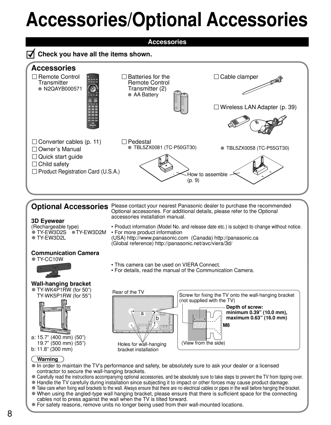 Panasonic TC-P50GT30, TC-P55GT30 owner manual Accessories, 3D Eyewear, Communication Camera, Wall-hanging bracket 