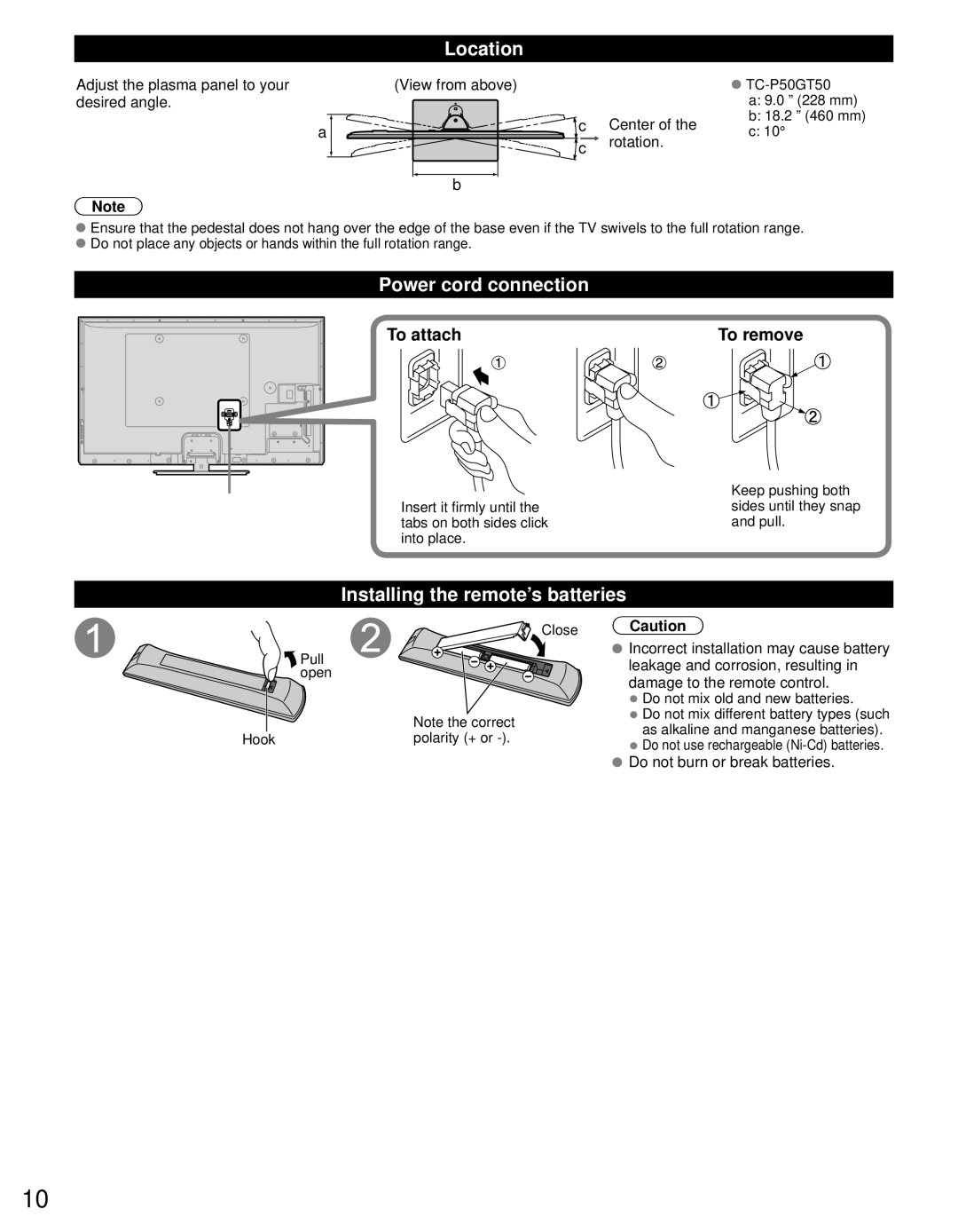 Panasonic TC-P50GT50, TC-P55GT50 Location, Power cord connection, Installing the remote’s batteries, To attach To remove 