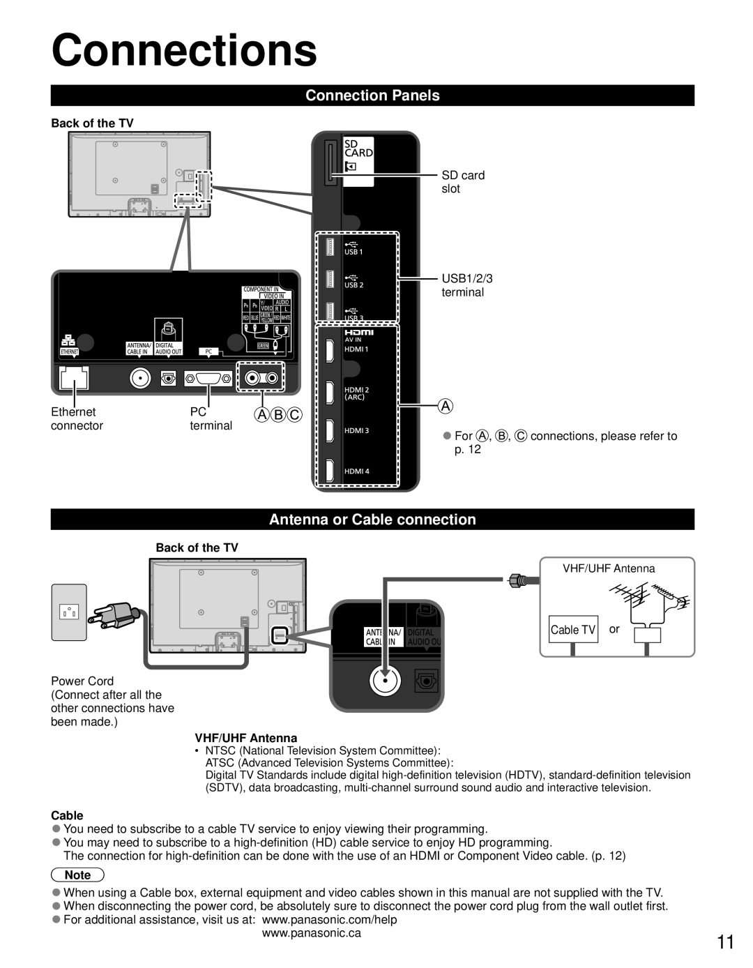 Panasonic TC-P55GT50, TC-P50GT50 owner manual Connections, Connection Panels, Antenna or Cable connection 