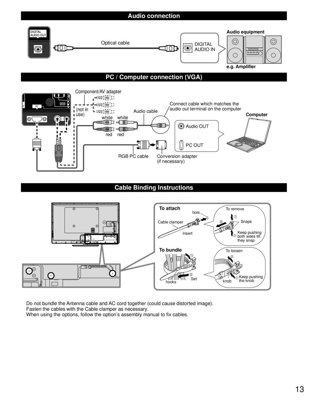 Panasonic TC-P55GT50, TC-P50GT50 owner manual Audio connection, PC / Computer connection VGA, Cable Binding Instructions 