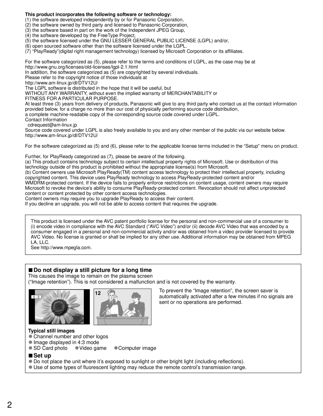 Panasonic TC-P50GT50, TC-P55GT50 owner manual Do not display a still picture for a long time, Set up 