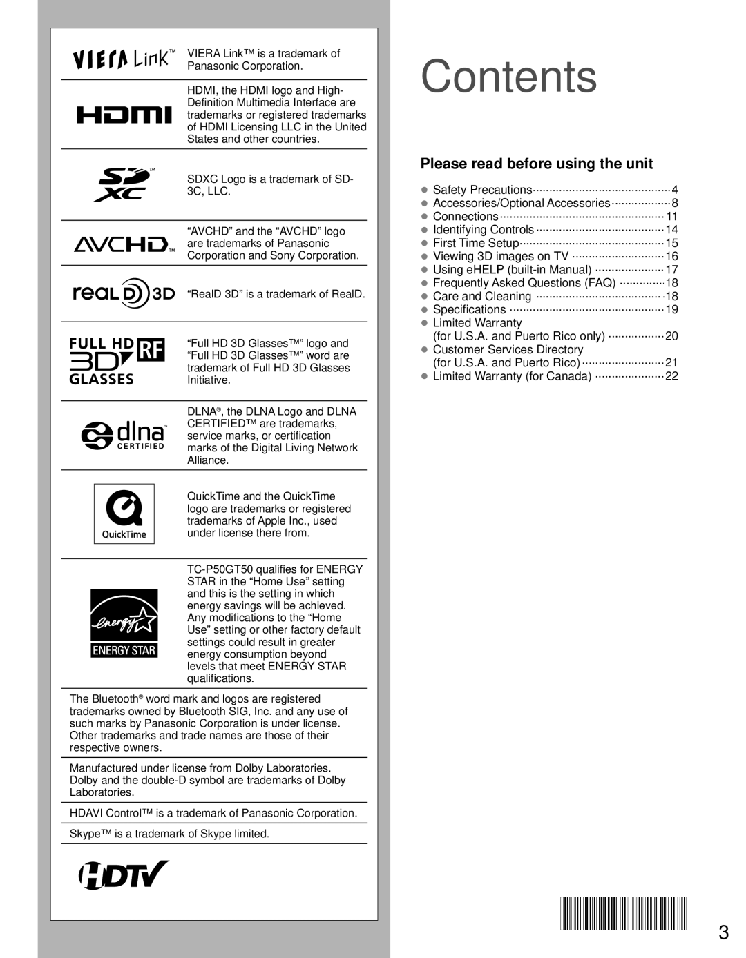 Panasonic TC-P55GT50, TC-P50GT50 owner manual Contents 