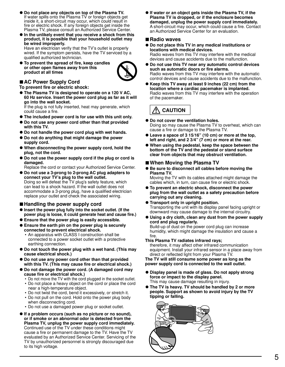 Panasonic TC-P55GT50 AC Power Supply Cord, Handling the power supply cord, Radio waves, When Moving the Plasma TV 