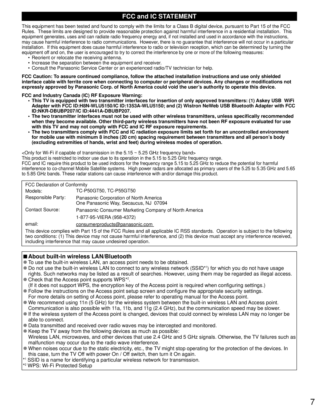 Panasonic TC-P55GT50, TC-P50GT50 owner manual FCC and IC Statement, About built-in wireless LAN/Bluetooth 