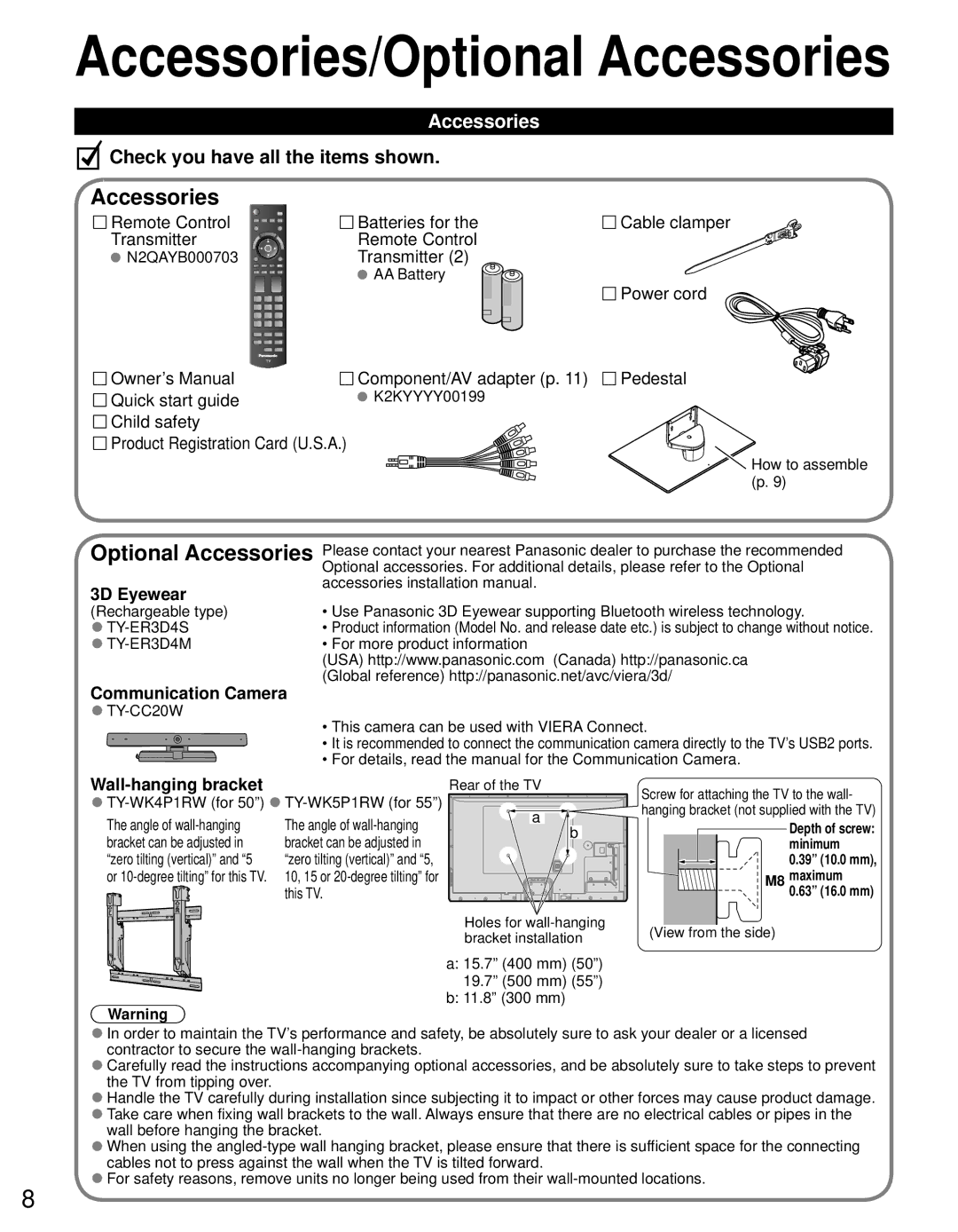 Panasonic TC-P50GT50, TC-P55GT50 owner manual Accessories, Communication Camera, Wall-hanging bracket 