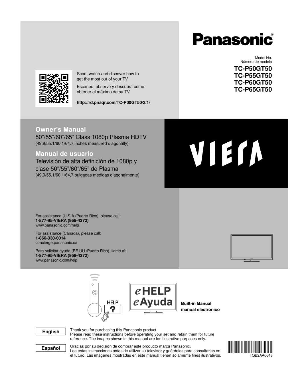 Panasonic TC-P60GT50, TC-P50GT50 owner manual English Español, 49.9/55.1/60.1/64.7 inches measured diagonally, Viera 