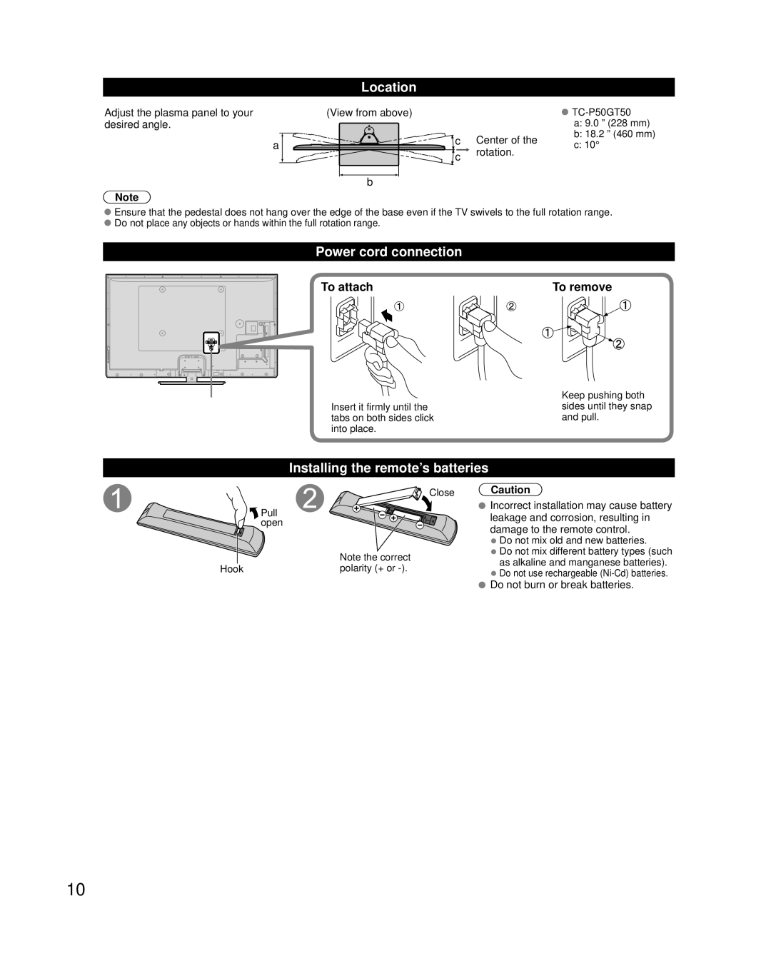 Panasonic TC-P55GT50, TC-P50GT50 Location, Power cord connection, Installing the remote’s batteries, To attach To remove 