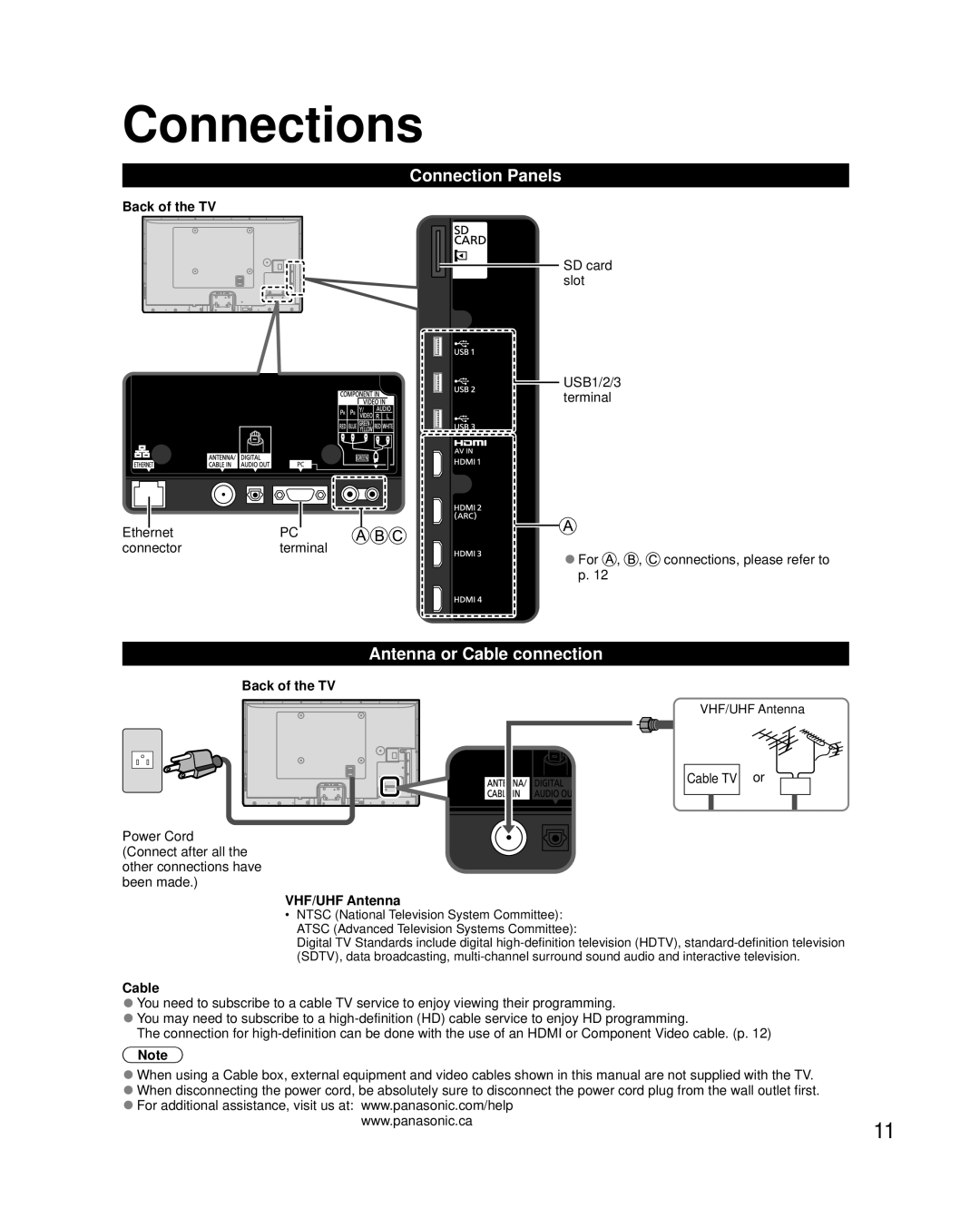 Panasonic TC-P65GT50, TC-P50GT50, TC-P60GT50, TC-P55GT50 Connections, Connection Panels, Antenna or Cable connection 