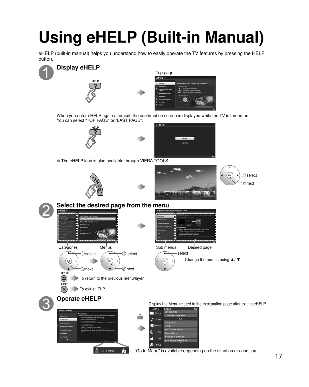 Panasonic TC-P60GT50, TC-P50GT50, TC-P55GT50, TC-P65GT50 owner manual Using eHELP Built-in Manual, Display eHELP 