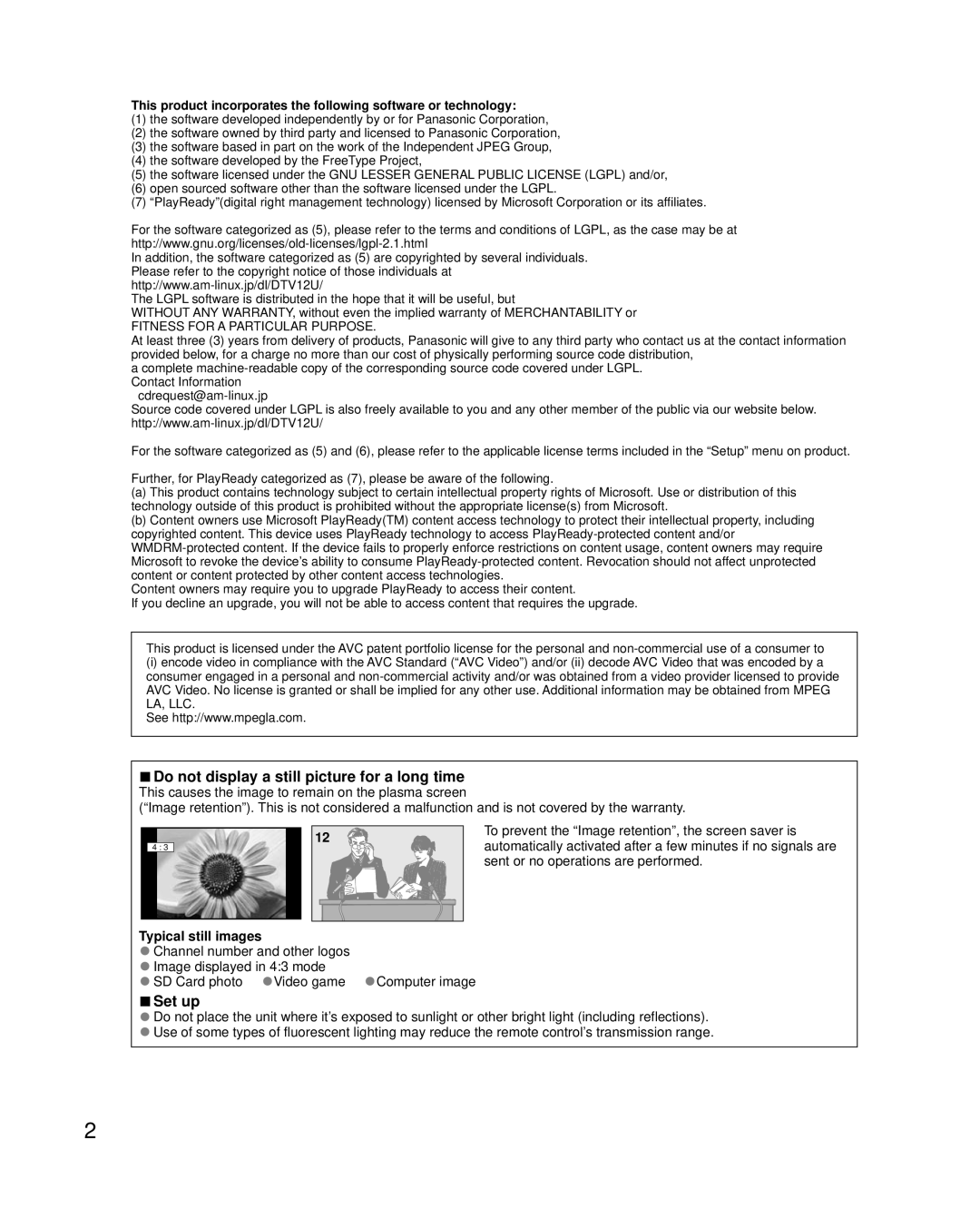 Panasonic TC-P55GT50, TC-P50GT50, TC-P60GT50, TC-P65GT50 owner manual Do not display a still picture for a long time, Set up 