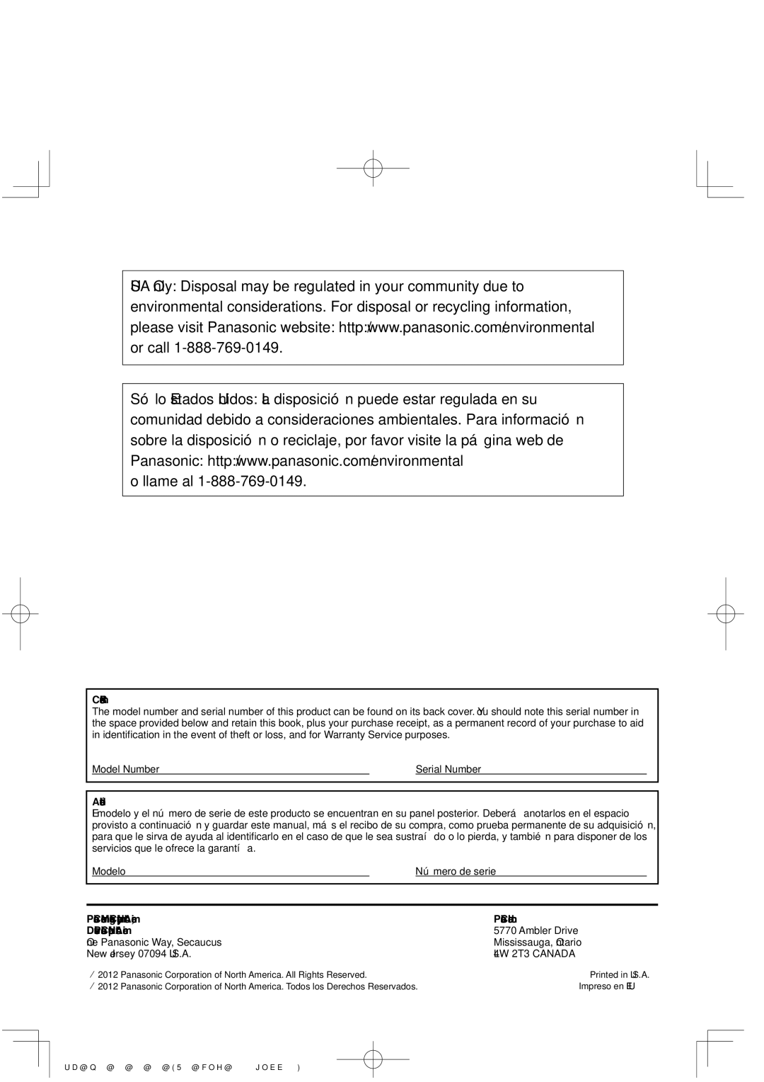 Panasonic TC-P50GT50, TC-P60GT50, TC-P55GT50, TC-P65GT50 owner manual Customer’s Record, Anotación del cliente, Ambler Drive 