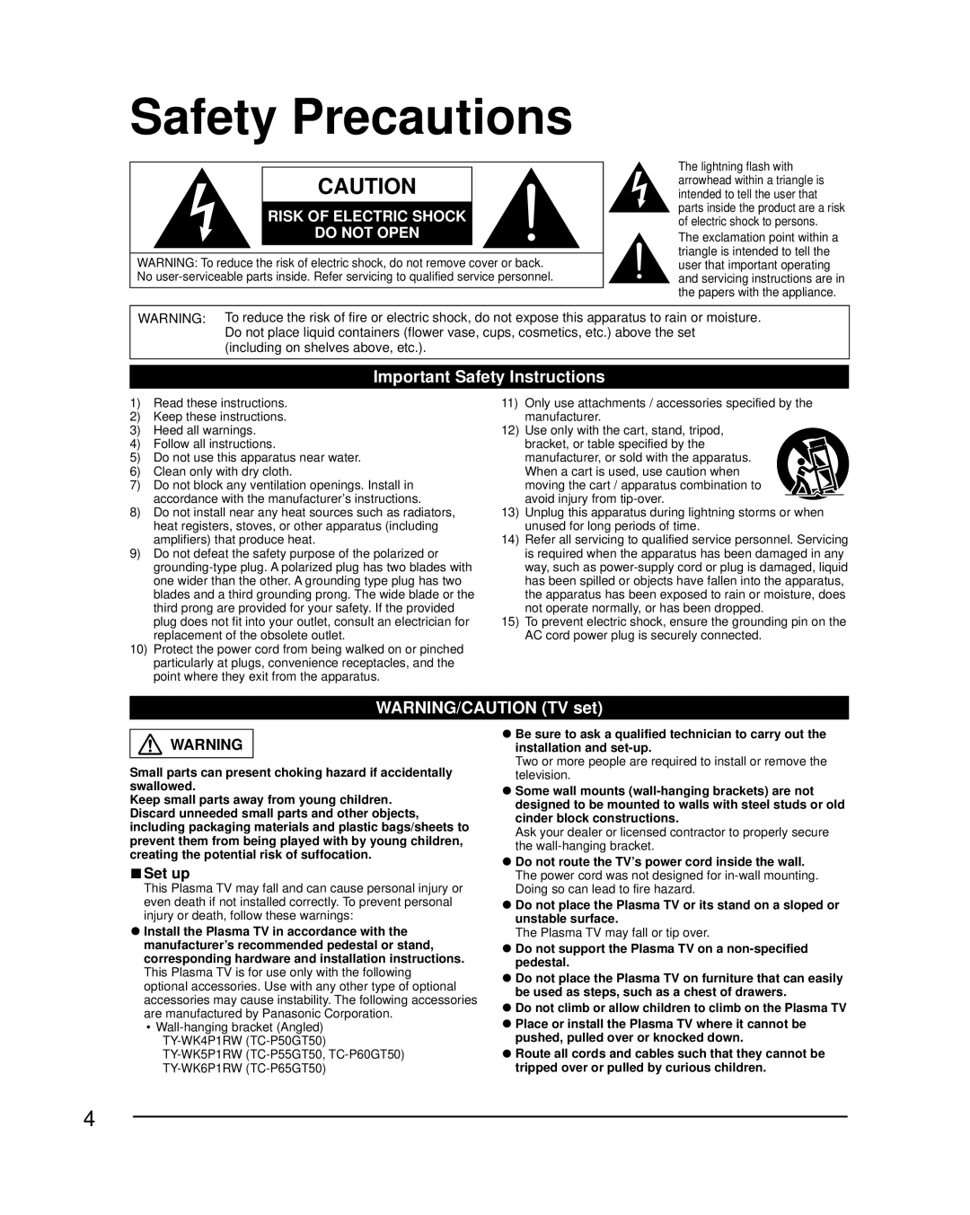 Panasonic TC-P50GT50, TC-P60GT50, TC-P55GT50, TC-P65GT50 owner manual Safety Precautions, Important Safety Instructions 