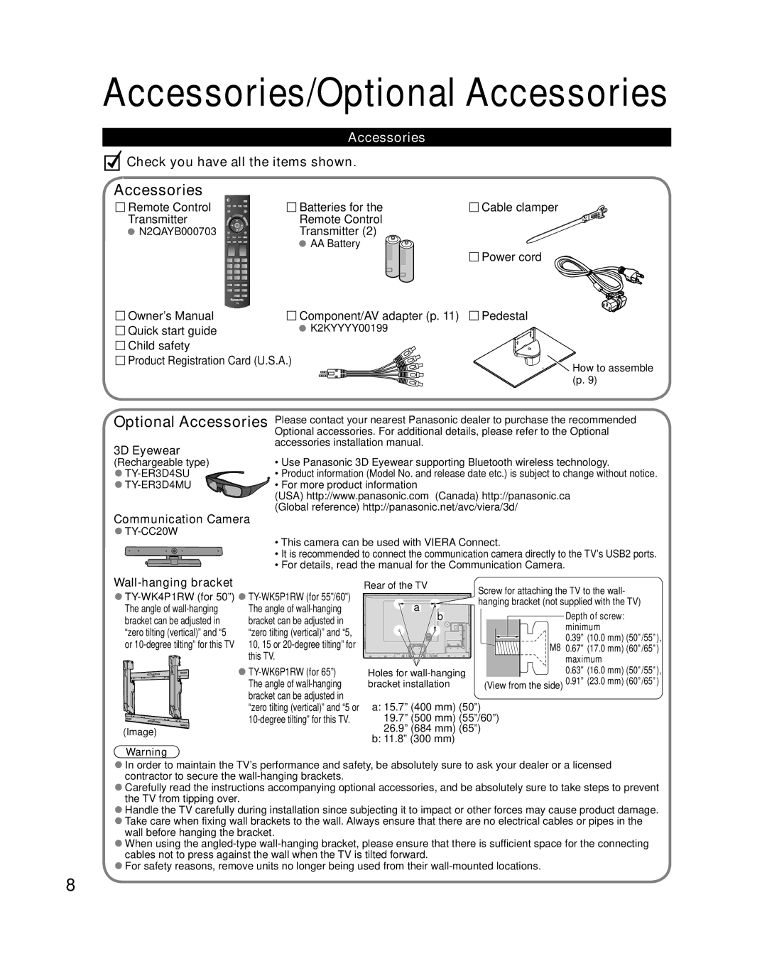 Panasonic TC-P50GT50, TC-P60GT50, TC-P55GT50, TC-P65GT50 owner manual Accessories, Communication Camera, Wall-hanging bracket 