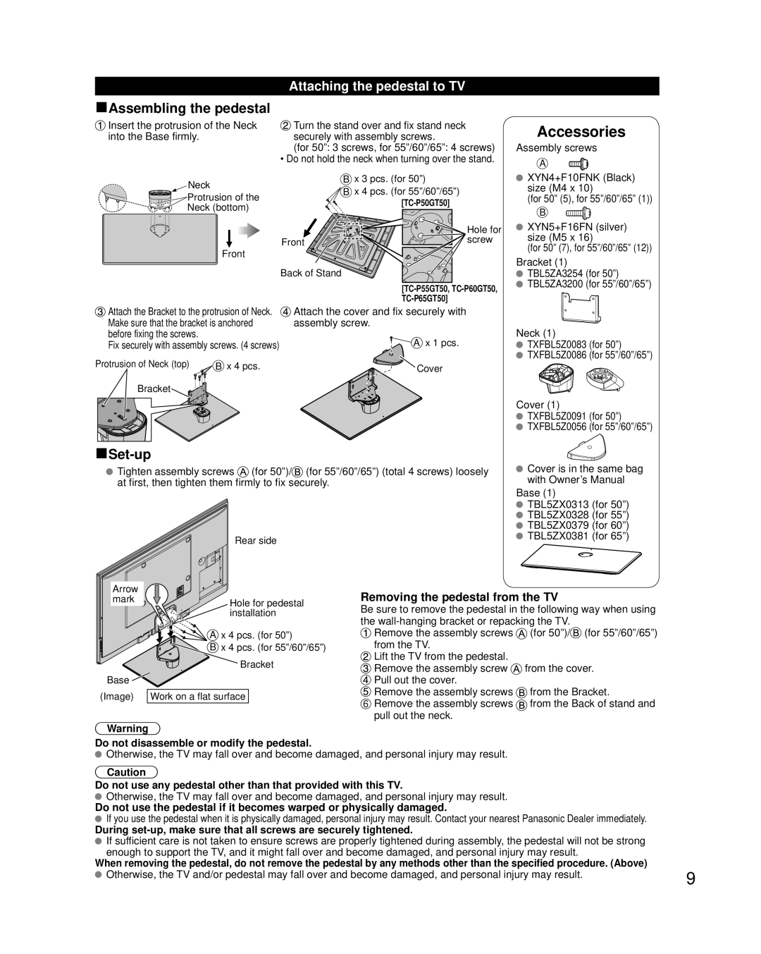 Panasonic TC-P60GT50, TC-P50GT50, TC-P55GT50, TC-P65GT50 Attaching the pedestal to TV, Removing the pedestal from the TV 