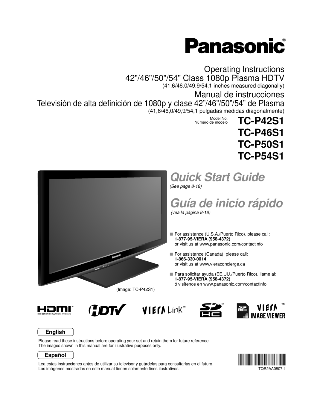 Panasonic TC-P46S1, TC-P50S1, TC-P54S1 quick start Operating Instructions 42/46/50/54 Class 1080p Plasma Hdtv, Viera 