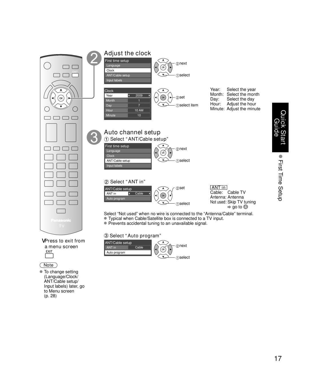 Panasonic TC-P54S1, TC-P50S1, TC-P46S1 Adjust the clock, Auto channel setup, Select ANT/Cable setup, Select Auto program 