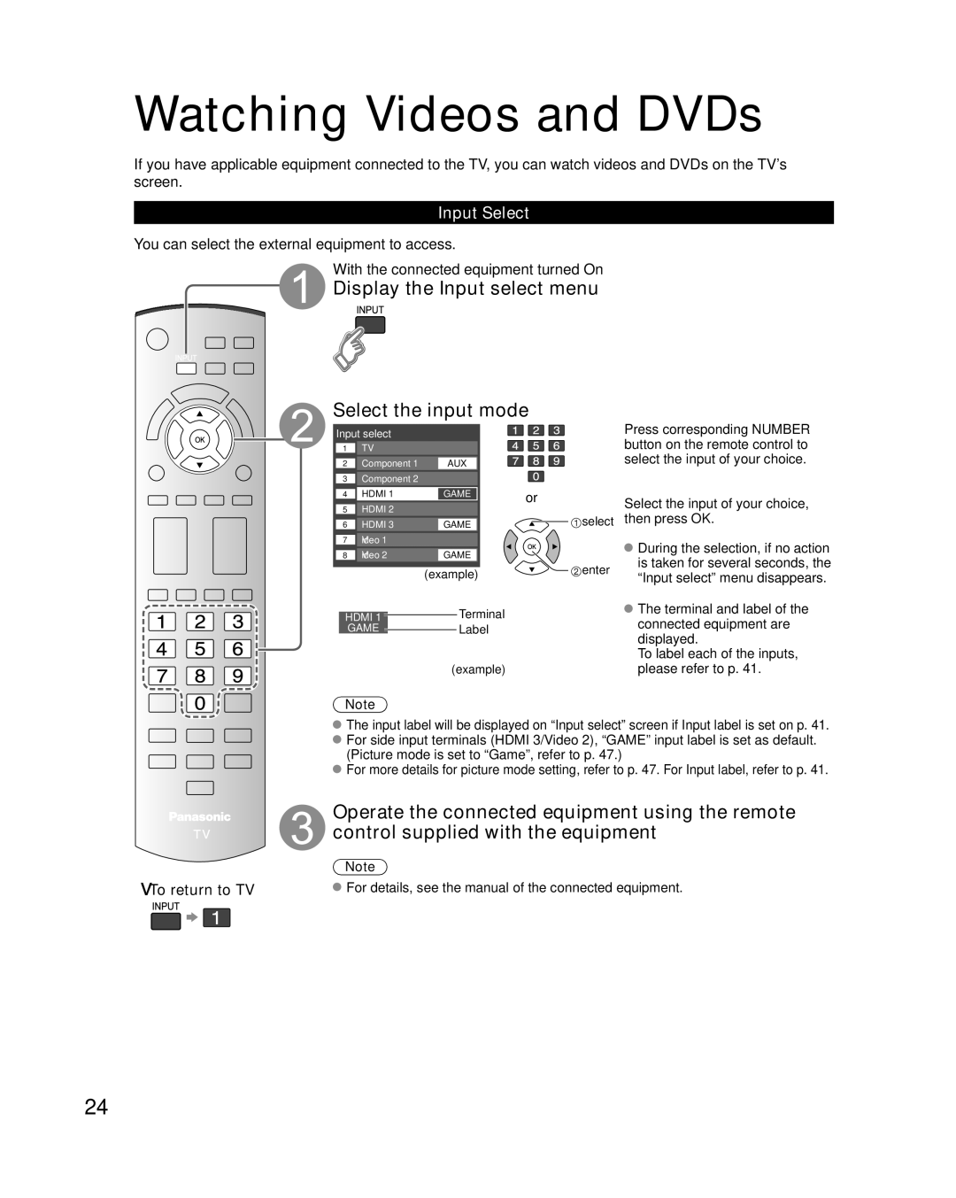 Panasonic TC-P50S1, TC-P46S1 Watching Videos and DVDs, Display the Input select menu Select the input mode, Input Select 