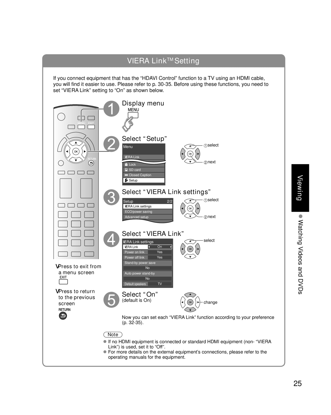 Panasonic TC-P46S1, TC-P50S1, TC-P54S1 quick start Display menu Select Setup, Select On 